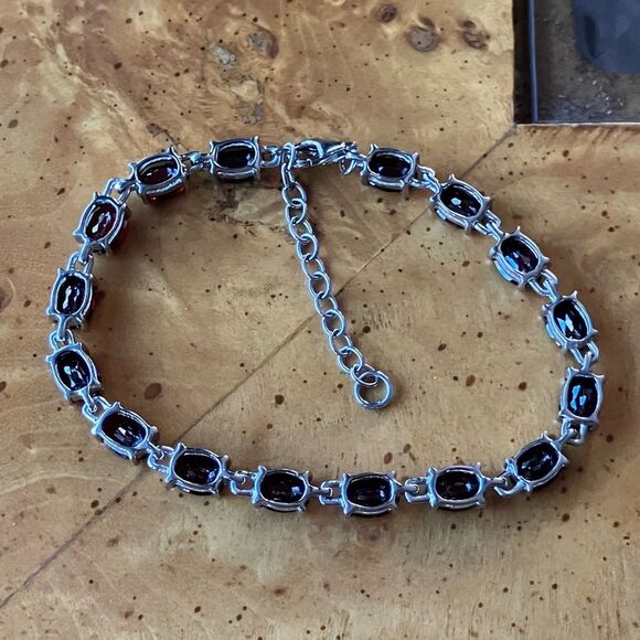 Natural Red Garnet Sterling Silver Tennis Bracelet - Picture 4 of 6